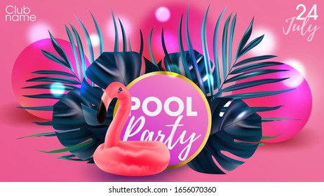 Pool party invintation. Summer pink flamingo. Miami beach tropic banner. Colorful summer poster banner.