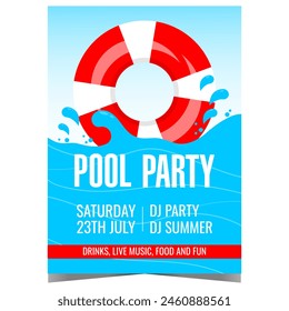 Pool party invitation banner or poster with red white inflatable lifebuoy on blue swimming pool waves with splashes. Flat vector illustration for summer entertainment event, birthday celebration.