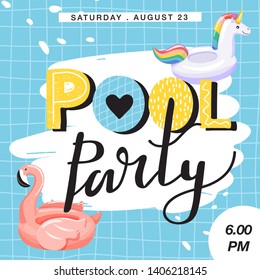 Pool party invitation banner. Various inflatable swimming pool rings in swimming pool. Creative lettering and checkered background. Summer rest and vacation. Vector illustration. 