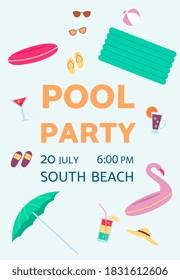 Pool party invitation card with creative items of water beach recreation, flat vector illustration. Summer music and dance party poster or banner background.