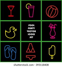 Pool party invitation card pop art vintage retro colorful design vector icons set
