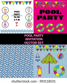 Pool party invitation card pop art vintage retro colorful design vector set