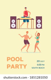 Pool party invitation card template with DJ holds music party, flat vector illustration. Summer entertainment activities in swimming pool banner or poster.