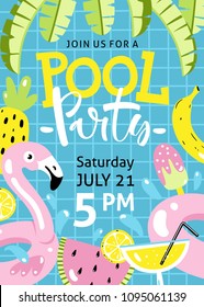 Pool party invitation. Flamingo pool float, cocktail, banana leaves, watermelon, pineapple and other hand drawn beach elements.