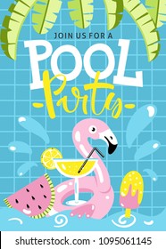 Pool party invitation. Flamingo pool float, cocktail, banana leaves, watermelon, icecream and other hand drawn beach elements.