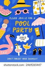 Pool party invitation. Flamingo pool float, cocktail, watermelon, ice cream and other hand drawn beach elements.