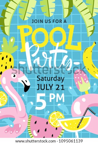 Pool party invitation. Flamingo pool float, cocktail, banana leaves, watermelon, pineapple and other hand drawn beach elements.