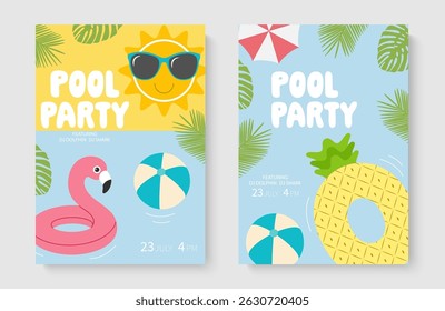 Pool party invitation flyer, flamingo, beach ball, sun and palm leaves. Vector illustration.