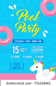 Pool party invitation flyer vector illustration, Top view of swimming pool with unicorn pool float and pink inflatable ring floating on water.