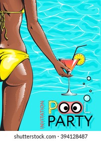 Pool party invitation pin up poster. Flat design. Pop art style.