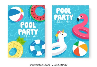 Pool party invitation, pink inflatable flamingo, swimming ring unicorn rubber balls, swimming ring watermelon in flat style.