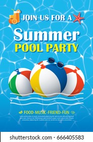 Pool Party Invitation Poster With Blue Water. Vector Summer Background.