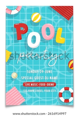Pool party invitation poster design. Top view of swimming pool with swim rings, floats, balls and inflatables. Summer event announcement postcard. Blue water with waves. Flat vector illustration.