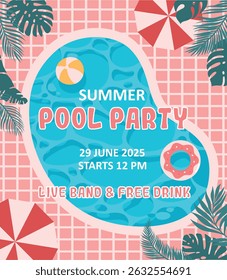 Pool party invitation poster. Round pool with swimming rings and balls, palm leaves. Flat vector illustration.