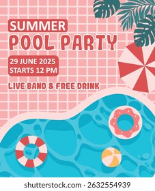 Pool party invitation poster. Swimming pool with swimming rings, palm leaves. Flat vector illustration.