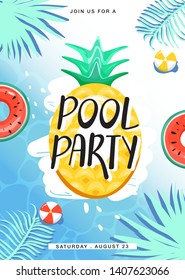 Pool party invitation poster. Various inflatable swimming pool rings in swimming pool. Creative lettering, water surface and palm leaves. Summer rest and vacation. Vector illustration. 