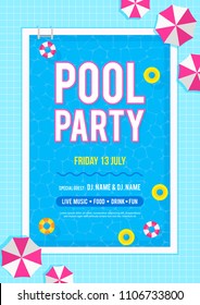 Pool party invitation poster vector illustration. Top view of swimming pool with swim rings and beach umbrellas.