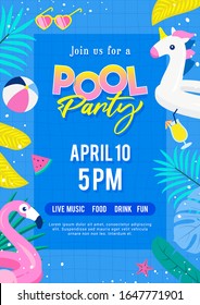 Pool party invitation poster vector illustration. Top view of swimming pool with cute pool floats.