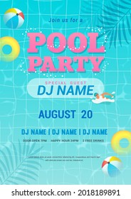 Pool party invitation poster vector illustration. Top view of swimming pool blue water surface