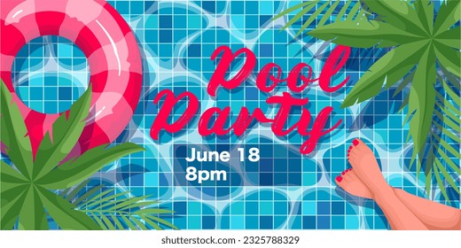 Pool party invitation poster vector illustration. Cartoon top view of summer beach pool with legs of sunbathing girl, ripples on surface of blue water and inflatable ring, leaves of tropical paradise