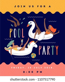 Pool party invitation. Summer beach cartoon vector illustration with young women on the float	