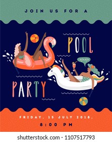 Pool party invitation. Summer beach cartoon vector illustration with young women on the float	