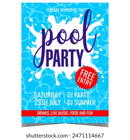 Pool party invitation for summer relaxing events and holidays. Flat vector illustration with splashes and ripples on the swimming pool water suitable for summertime rave poster, banner or flyer.