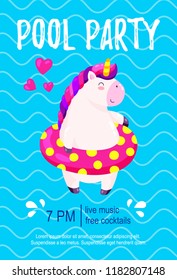 Pool party invitation. Template, background for banner, flyer. Vector illustration with cute unicorn