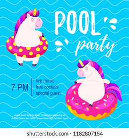 Pool party invitation. Template, background for banner, flyer. Vector illustration with cute unicorn