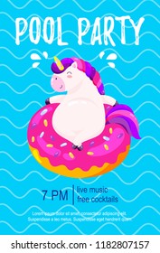 Pool party invitation. Template, background for banner, flyer. Vector illustration with cute unicorn