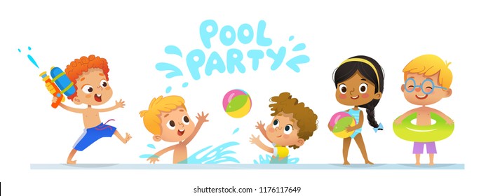 Pool party Invitation template baner. Multiracial Children have fun in pool. Redhead boy with a toy water gun jumping in a pool. Children playing with a ball in the water