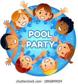 Pool party Invitation template banner. Multiracial Children have fun in pool. Children playing raising their hands up. Children Friendship Aspiration Concept. Cartoon vector illustration.