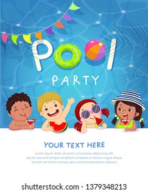 Pool Party Invitation Template Card With Kids Enjoying In Swimming Pool.