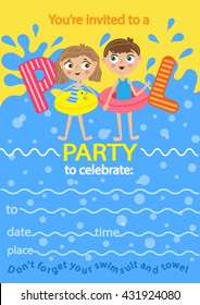 Pool Party. Invitation Template Card. Kids Fun In Pool