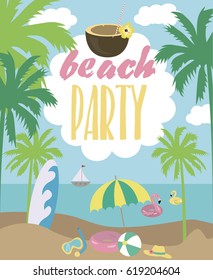 Pool party invitation template card. Summer beach party. Vector illustration