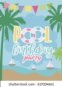 Pool party invitation template card. Summer beach party. Vector illustration