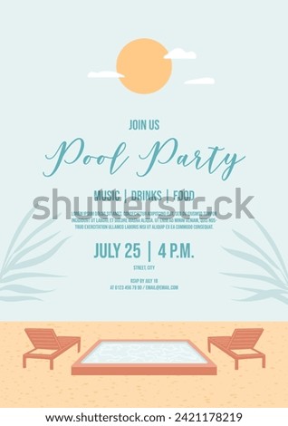 Pool party invitation template. Minimalistic holiday. Sun bed near swimming pool on sand. Palm leaves silhouette on the sky background. Sun with clouds. Calm vacation announcement. Vector illustration