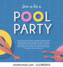 pool party invitation template. Top view Pool background. people relaxing in the pool. Summer water activities. Vector banner, poster illustration design