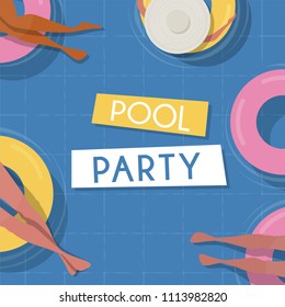 pool party invitation template. Top view Pool background. people relaxing in the pool. Summer water activities. Vector banner, poster illustration design
