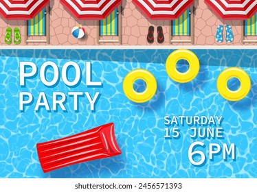 Pool party invitation with top view of pool. Flyer of pool party. Vector poster for party. Vector illustration in flat style