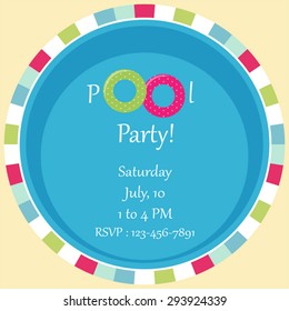 Pool party invitation with top view of a pool with two rubber rings