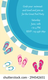 Pool party invitation with top view of a pool and flip flops