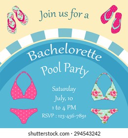 Pool party invitation with top view of a pool with colorful flip flops and swimsuits