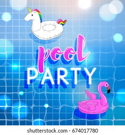 Pool party invitation with pool top view and inflatable floating flamingo and unicorn in the water, Vector pool party flyer or poster. Summertime vector template  illustration