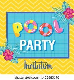 pool party invitation with typography and flowers with leaves summer time vector illustration