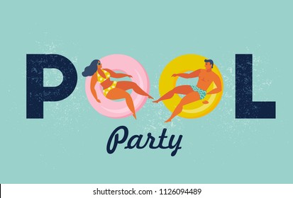 Pool party invitation vector illustration. Swimming pool with pool toys, inflatable floats.