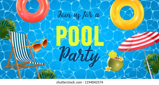 Pool party invitation vector illustration. Top view of swimming pool with pool floats.