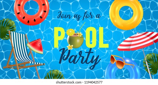 Pool party invitation vector illustration. Top view of swimming pool with pool floats.