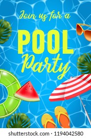 Pool party invitation vector illustration. Top view of swimming pool with pool floats.