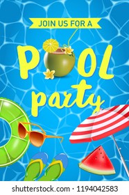 Pool party invitation vector illustration. Top view of swimming pool with pool floats.
